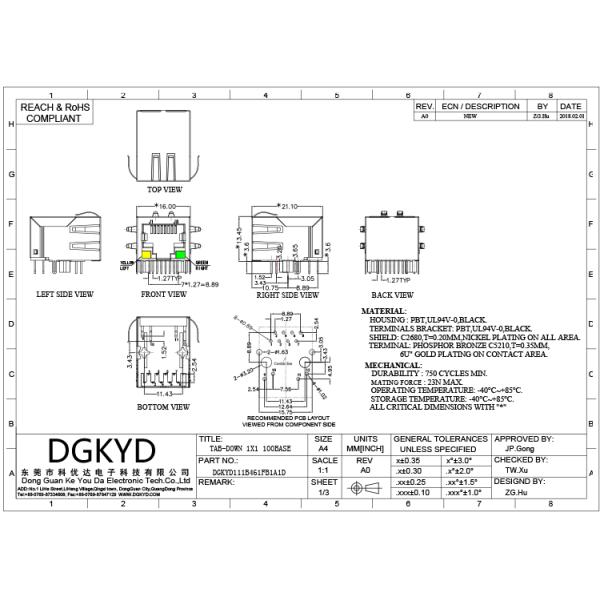DGKYD111B461FB1A1D Tab Down 1x1 Port 1000 Base-T Ethernet Rj45 Lan Connector