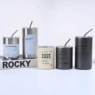 Coupe de café en acier inoxydable isolant avec couvercle et paille de style américain Portable à l'extérieur avec accompagnement de paille Gobelets d'eau scellés double bouteille de voyage