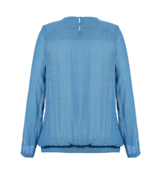 Round Neck Fashion Ladies Blouse With Elastic In Blue Back Slit With Buttons