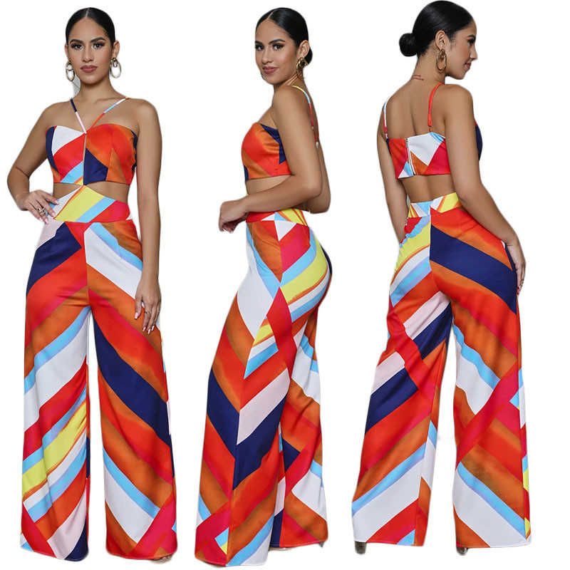 Брюки Широк-ноги комбинезона Halter печати случайные с плеча Backless Playsuit