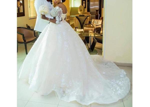Ivory Half Sleeve Flower Lace Beading Long Tail Bridal Gown / Mermaid Bridal Dress