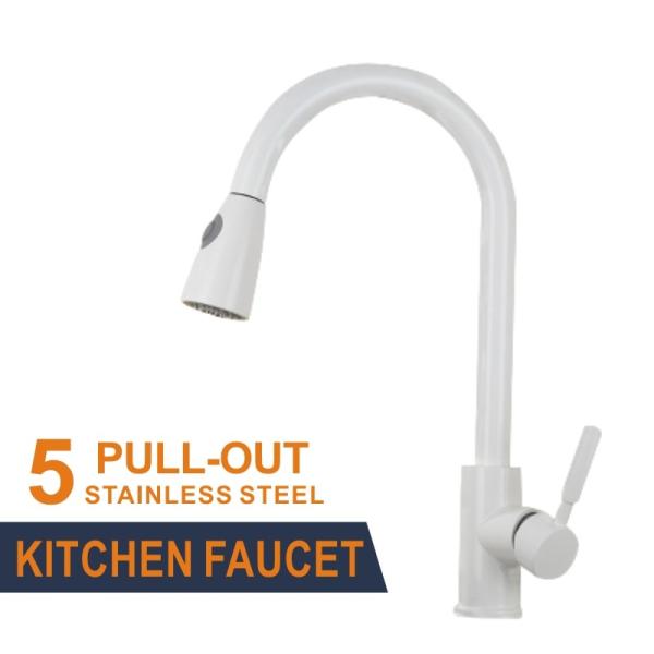 White Stainless Steel Kitchen Faucet Mixer Two Functions Retractable Kitchen Tap