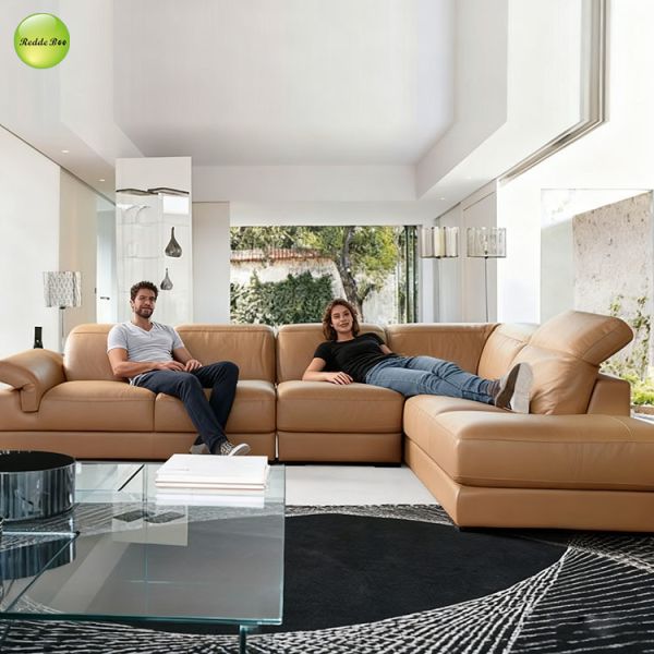 Trendy Tan Leather Sofa: Premium, Roomy – Redefine Living Space Comfort
