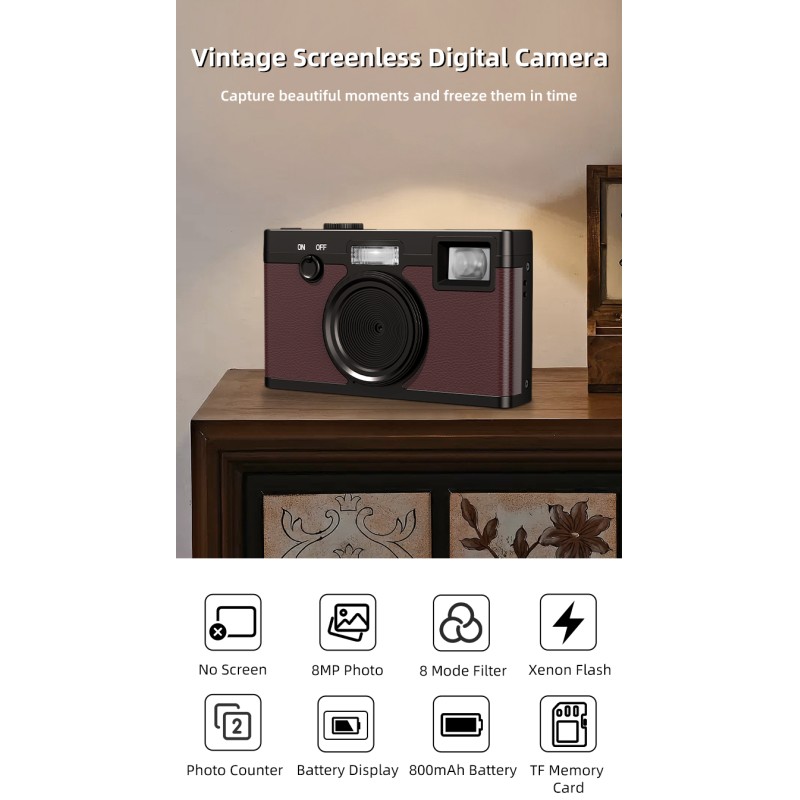 Newest Retro Screenless CMOS Digital Camera 8MP Photo 8 Mode Filters with Xenon Flash for Camping and Party As Christmas Gifts