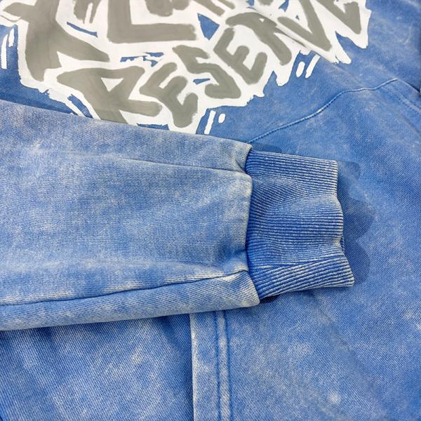 Logotipo personalizado Retro Francés Terry Azul con capucha de aflicción lavado con ácido suéter vintage ropa callejera de moda con capucha