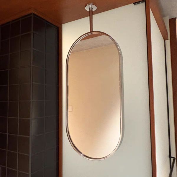 Double-Sided Stainless Steel Oval Bathroom Mirror Hanging Ceiling Suspended Mirror for Hotels and B&Bs with Hanging Rod