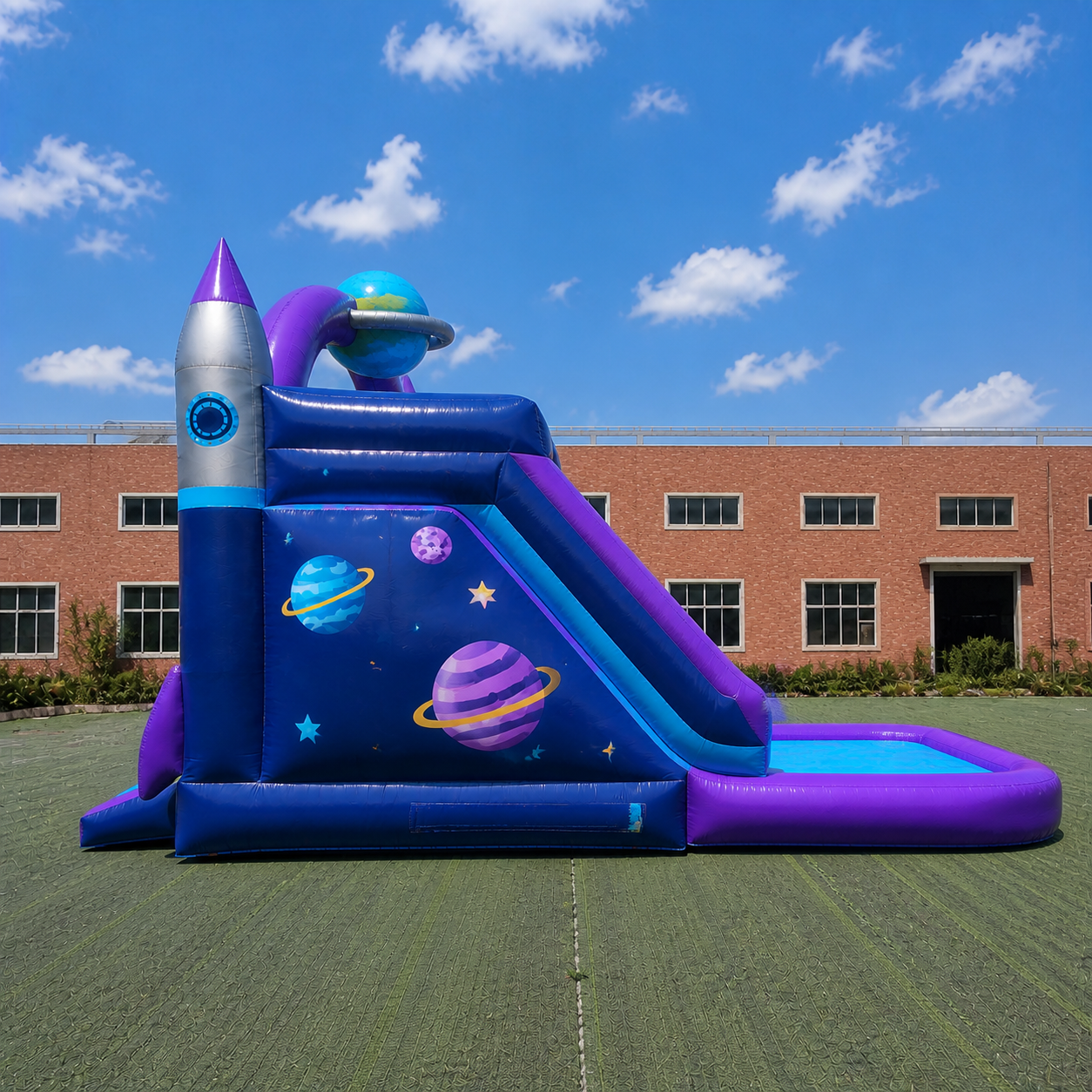 Commercial Space Explorer Inflatable Trampoline and Slide Combo with Safety Mesh Internal Climbing Steps and Shallow Landing Pool