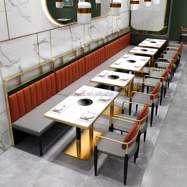 Commercial Restaurant Booth Table and Chair Set Modern Marble Top Dining Table Banquette Seating for Cafe Bar Dining Space