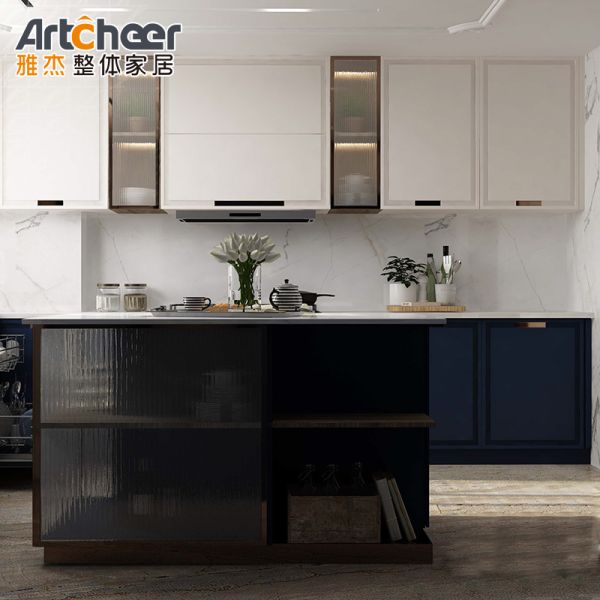 Australian L Shape Kitchen Cabinet with Acrylic Drawer LED Sensor Lighting and Wall Hang Cupboard