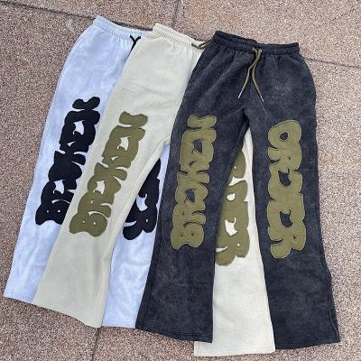Acid Wash Distressed Wide Leg Sweatpants Applique Logo Hip Hop Joggers Cargo Pants