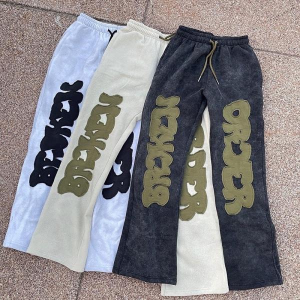 Acid Wash Distressed Wide Leg Sweatpants Applique Logo Hip Hop Joggers Cargo Pants