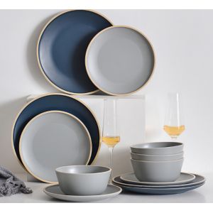 Gufaith Melamine Dinnerware Set,Plate and Bowl Sets,Dishes Set for 4,Outdoor Dinnerware Set,Blue and Grey Color, Modern