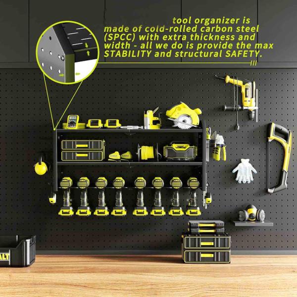 Grão 8 porta-perfurador montado na parede com 2 placas de pegamento lateral Estante de armazenamento para organização de garagem, prateleiras de baterias de utilidade