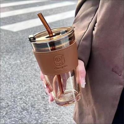 Copo de água, copos com palha e tampa selada Carregar para café, chá gelado, copos de vidro isolado de parede espessa