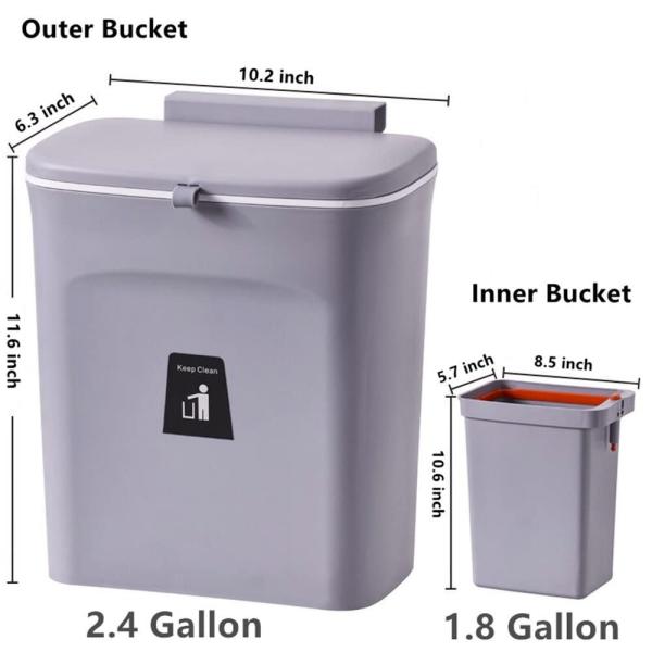 Kitchen Hanging Trash Can with Lid for Under Sink or Cabinet Door 2.4 Gallon Kitchen Compost Bin with Inner Bucket Garbage Can