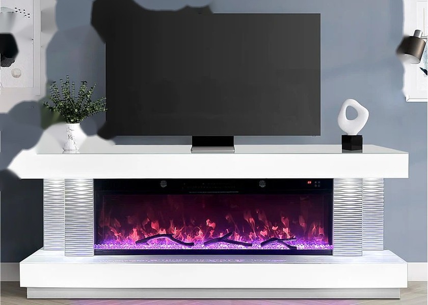 JS-TV05 Smoke Grey Mirrored Glass Electric Fireplace TV Stand with Large 3D LED Flame Display and Extended Mantle Structure