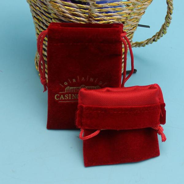 Red Velvet Drawstring Jewelry Pouch , Gold Logo Printing Womens Drawstring Bag