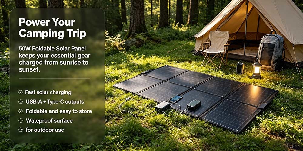 Water‑Resistant 50 W Collapsible Solar Panel, Fold‑Up Solar Charger for Field Work