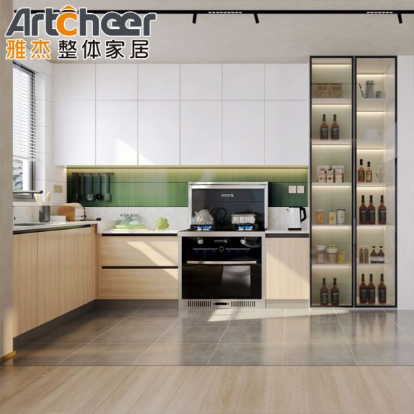 Custom Stainless Steel Kitchen Cabinet in White Oak Color with Tall Cabinet Closet for Apartment