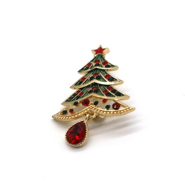 Small Fashion Brooch Pin Christmas Tree Shape With White Crystal Diamond OEM
