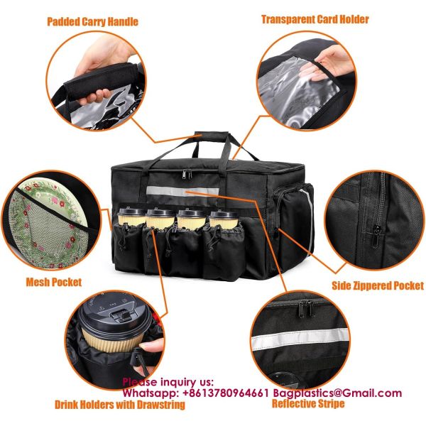 Insulated Food Delivery Bag With 4 Cup Holders/Drink Carriers, Large Catering Thermal Bag, Pizza Warmer Carrying Case, Insulated Hot & Cooler Bags For Beverages, Grocery, Food Transport