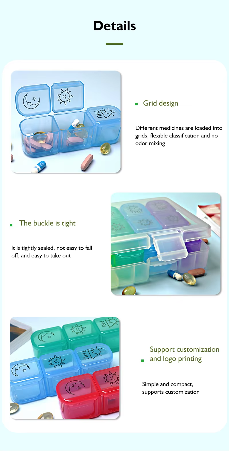 Pill Container Organizer 3 Times Day 7 Days Plastic Portable 21 Compartments Weekly Travel Vitamin Medication Case