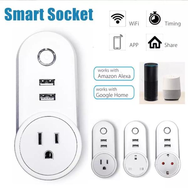 Smart WiFi Power Plug Outlet Socket with 2PCS USB Port App Control Timer Function Compatible with Amazon Alexa Google