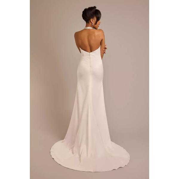 Stunning Customized Size Crystal Halter Ruffles Split Slit Sheath Chapel Train Zipper Ivory Satin Wedding Dress