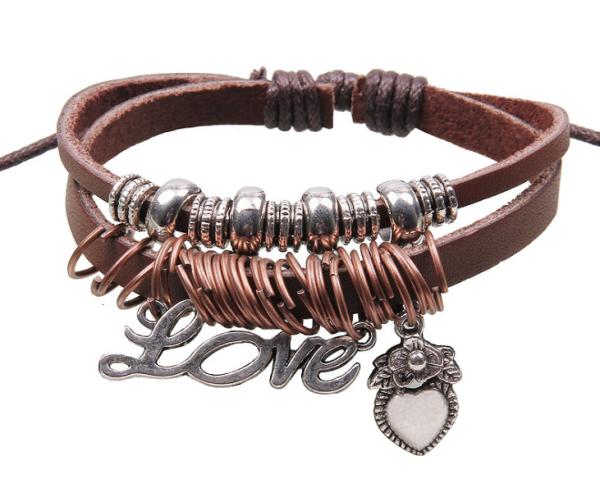 Double strands LOVE charm leather bracelet, ringed beads genuine leather band