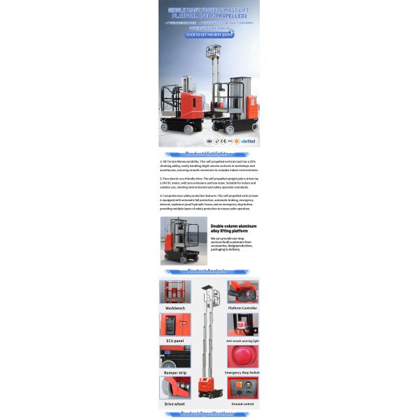 Single Double Man Vertical Mast Boom Lift Autonomous Aerial Cherry Picker Platform