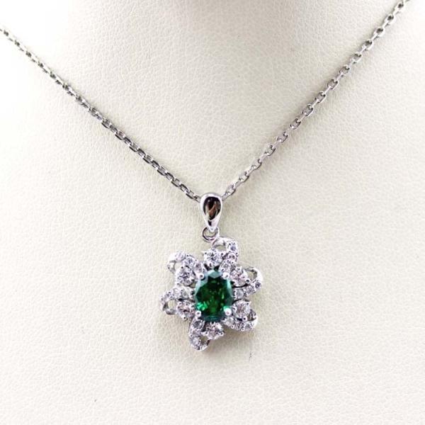 Sterling Silver Cable Chain  Oval Green Cubic Zircon Pendant Necklce (P10)