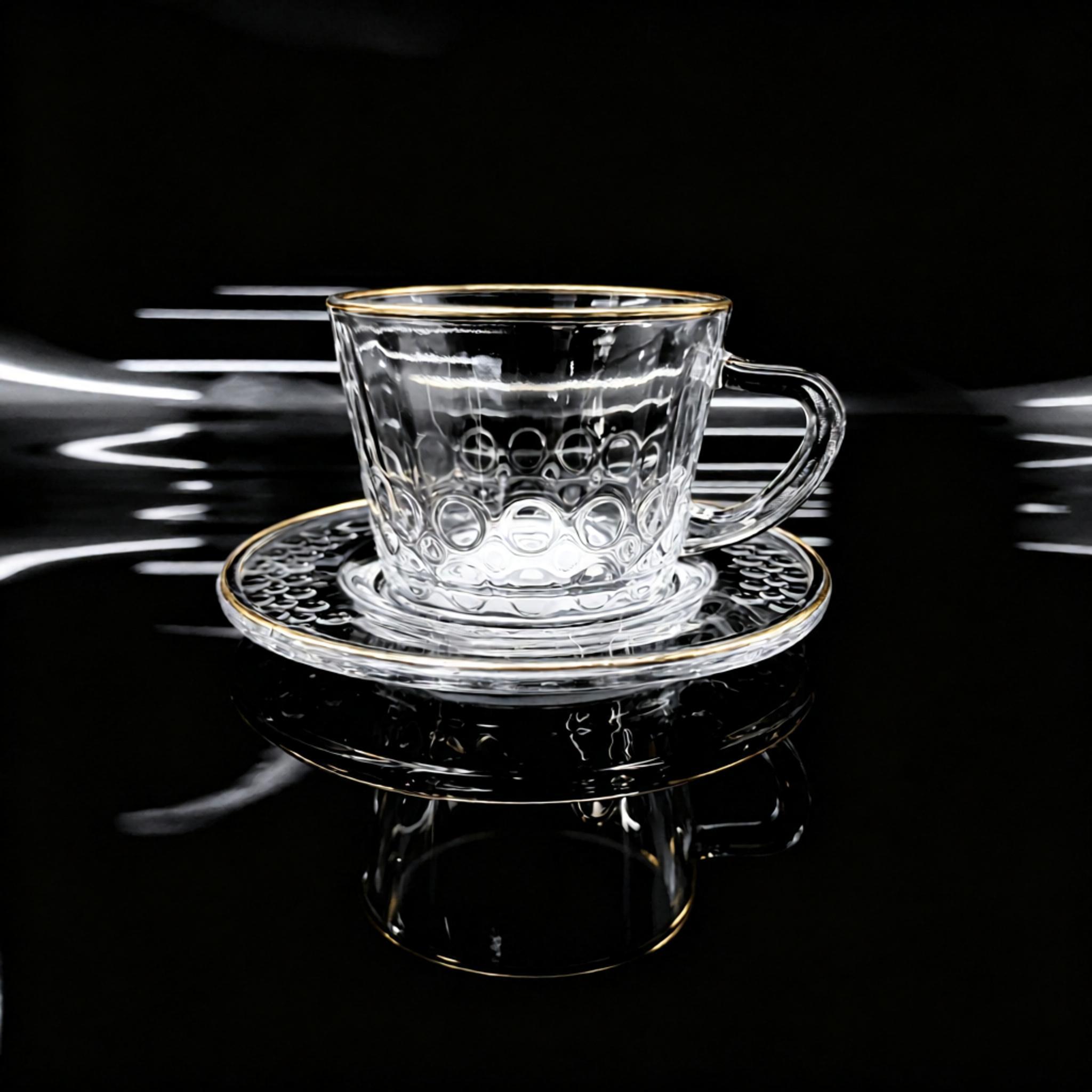 6PCS Gold Rim Transparent Glass Coffee Tea Cup Set Lead‑free Crystal Glass Cup With Saucer for Afternoon Tea & Home Café