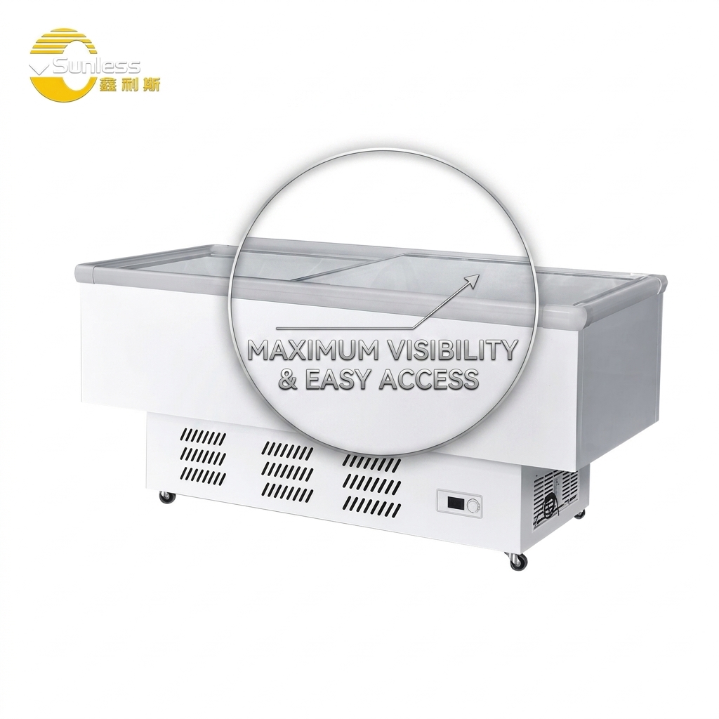 Direct Cooling Commercial Ice Cream Freezer Sliding Door Chest Freezer Island Single Temperature