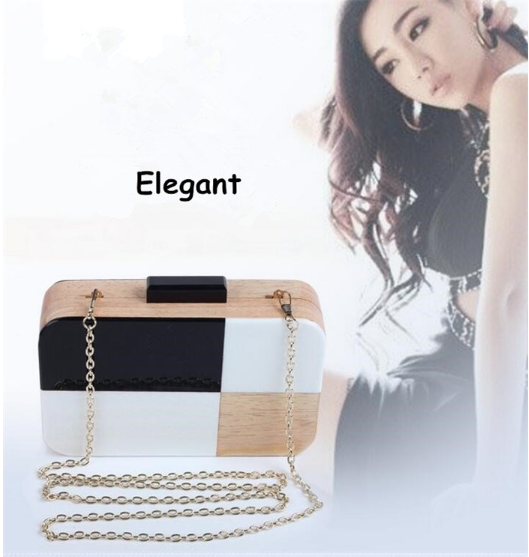 Natural Black White Acrylic Wooden Clutch Bag With Snake Shape Chain