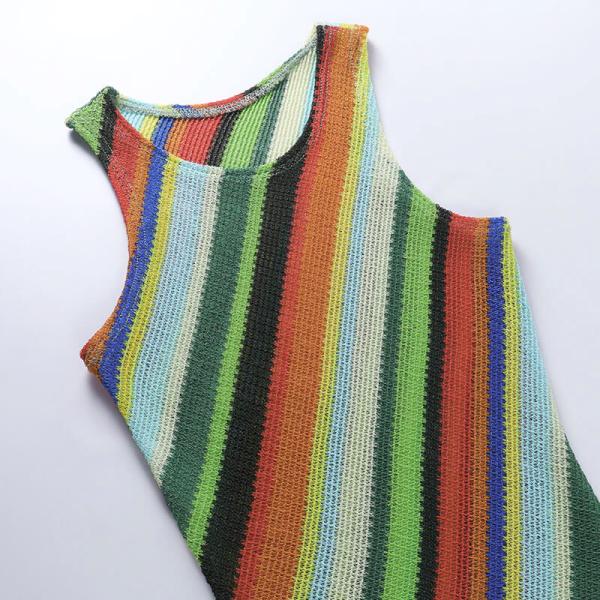 Slim Sleeveless Round Collar Color Stripe Dress Women