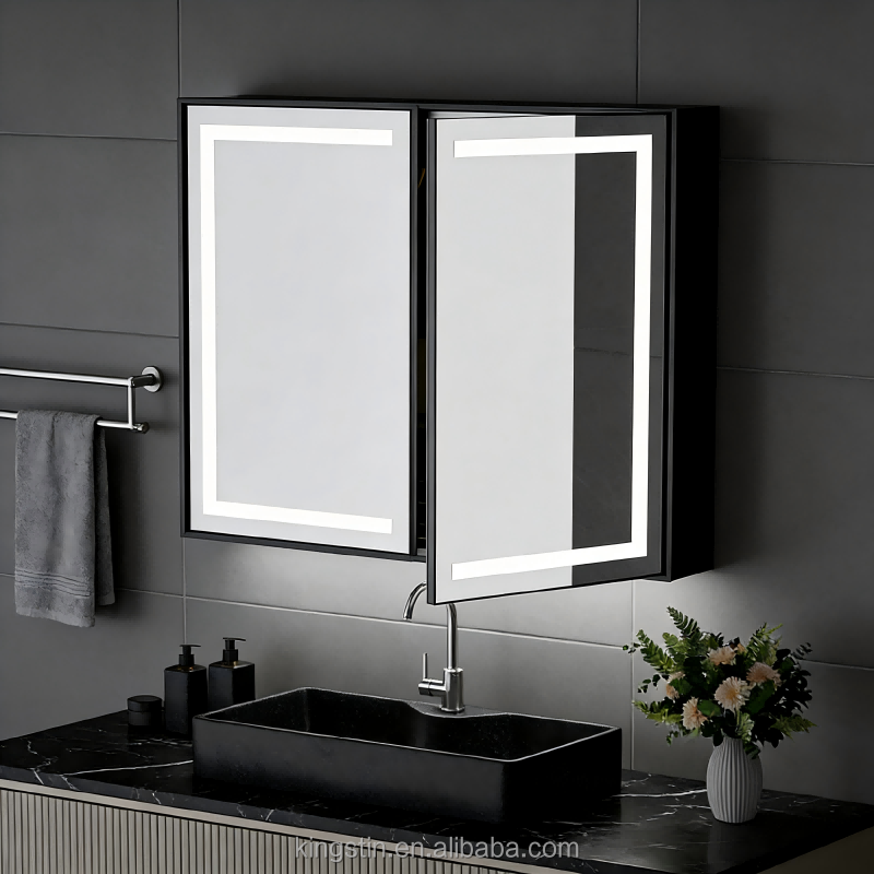 Kingstin Illuminated Bathroom Mirror Cabinet with Multi-Layer Glass Shelves LED Border Lighting Water-Resistant Wall-Mounted