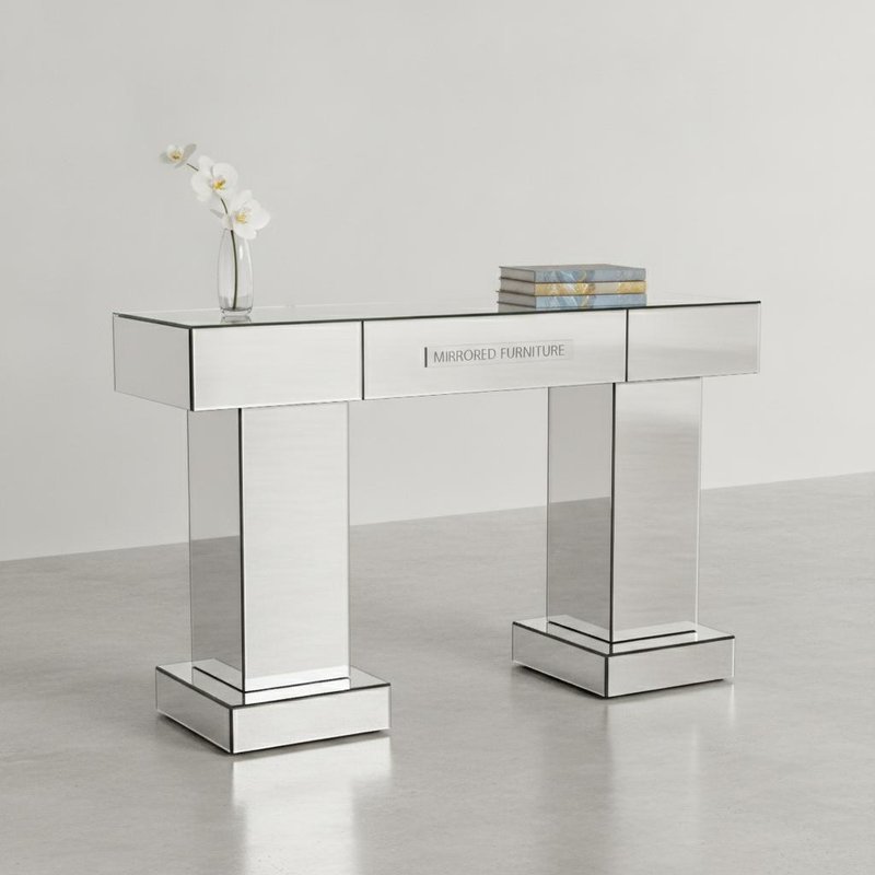 Mirrored Surface Console Table with Marble Effect Special Glass and 110X35X78CM Dimensions