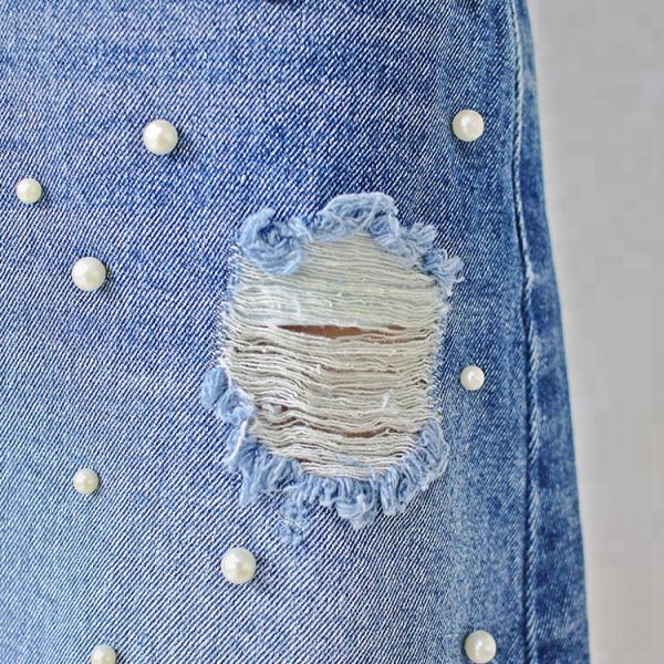 Women A Line Denim Mini Skirt With Pearls , Summer Short Jean Skirt for Ladies