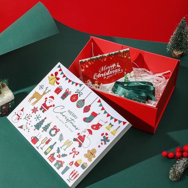 Merry Christmas Gift Box Premium Red Holiday Packaging Heaven Earth Lid Design Green Ribbon Closure Scarf Glove Christmas Present Box
