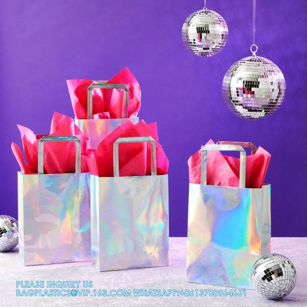 Holographic Foil Paper Gift Bags With Handles, Reusable Iridescent Gift Bags For Baby Shower, Birthday, Wedding