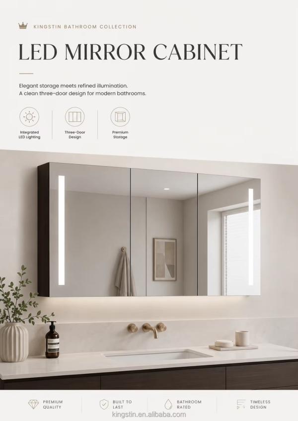 Kingstin Premium Copper-Free Silver Glass Smart LED Mirror Cabinet for Hotels & Home Bathrooms