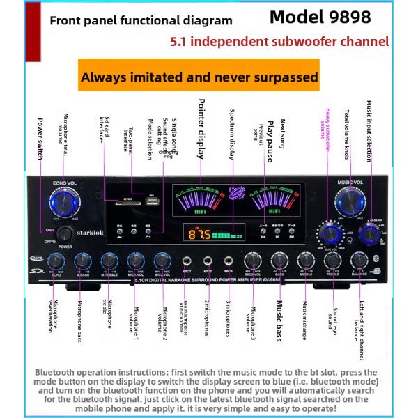 AV-9898 Cannon Home Audio Receiver Home Amplifier 5.1 CH 500W*2+200W Surround+300W Subwoofer Durable Metal Independent Passive