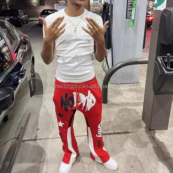 Red Flare Sweatpants For Men Anti-Static Joggers Track Sweat Pants Vintage Style Puff Printing