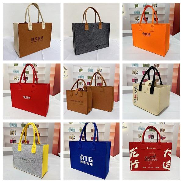 Portable Promotion Custom Printed Logo Felt Tote Bag Handbags Wool Felt Grocery Shopping Tote Bag Wholesale Fashion Women Daily Felt Gift Tote Bag With Outer Pocket