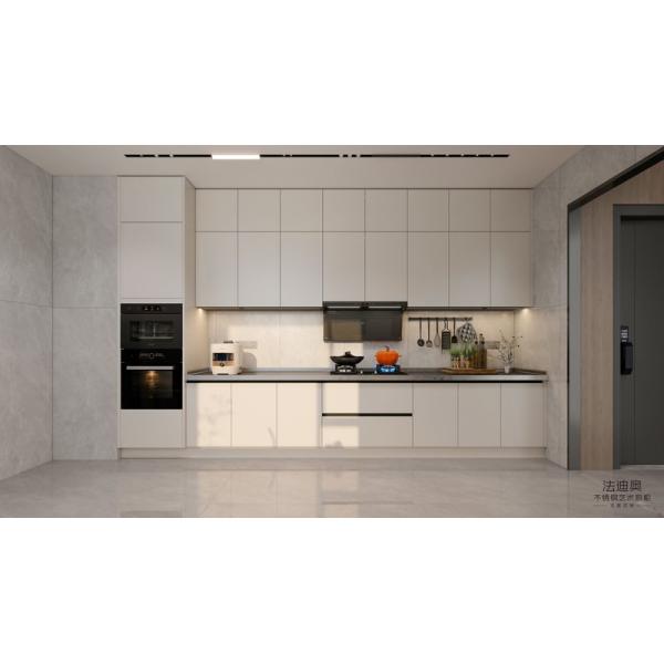Double-Line Layout Beige Stainless Steel Modern Kitchen Cabinet