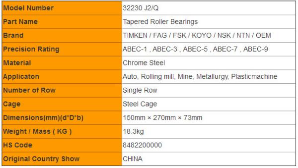 Industrial Rolling Machine 32230 J2/Q Tapered Roller Bearings High Precision Chrome Steel