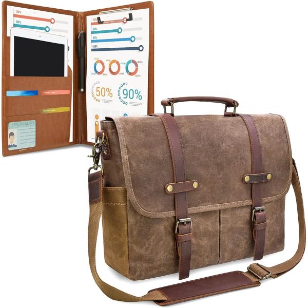 MENS MESSENGER BAG 15.6 INCH WATERPROOF VINTAGE GENUINE LEATHER WAXED CANVAS BRIEFCASE LARGE SATCHEL SHOULDER BAG
