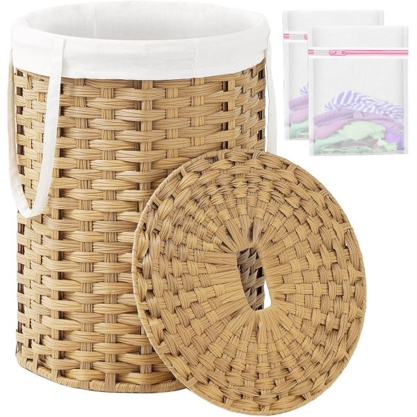 Round Laundry Hamper With Lid And Removable Liner Bag - Natural, Woven Water Hyacinth Wicker Laundry Basket For Clothes And Towels