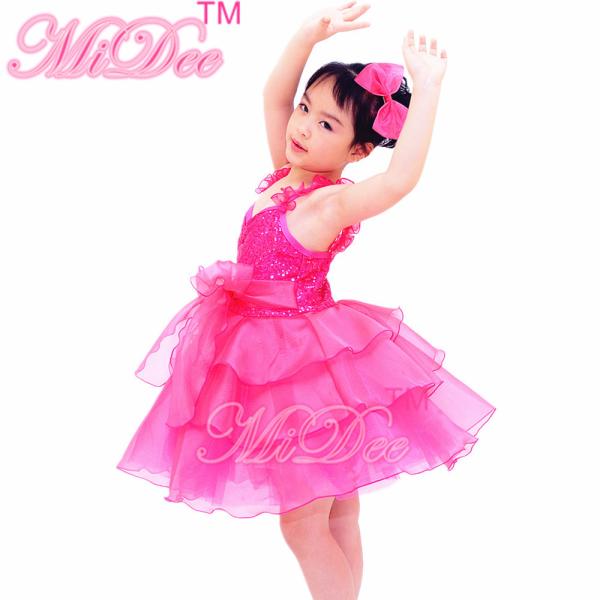 Flower Kids Dance Clothes Straps Sequines Bodice Tiers Organza Dress With Ruffled Skirt