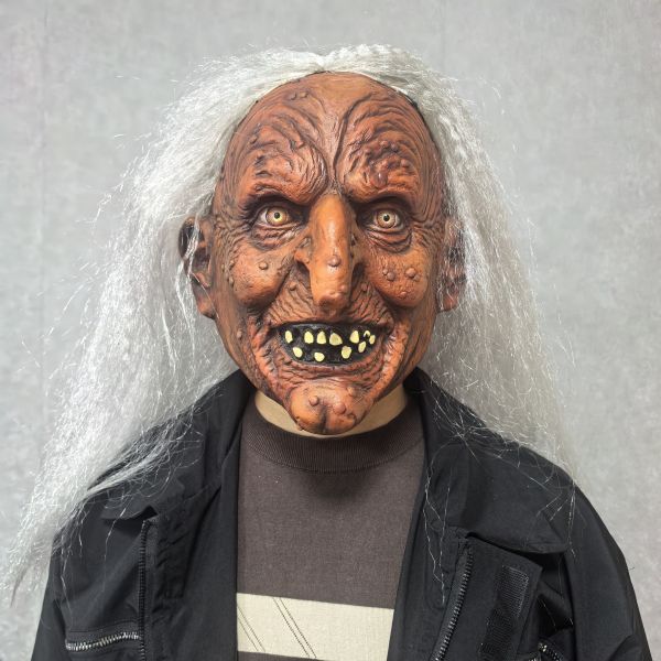 Terrifying Witch Mask - Long Grey Hair & Wrinkled Skin for Halloween Cosplay
